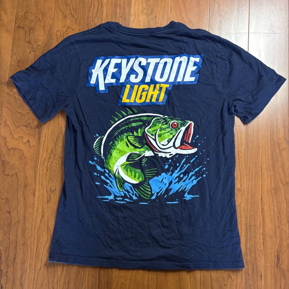 Keystone Light Beer Fishing Bass Graphic T-Shirt Mens XL Navy Blue Mad Engine